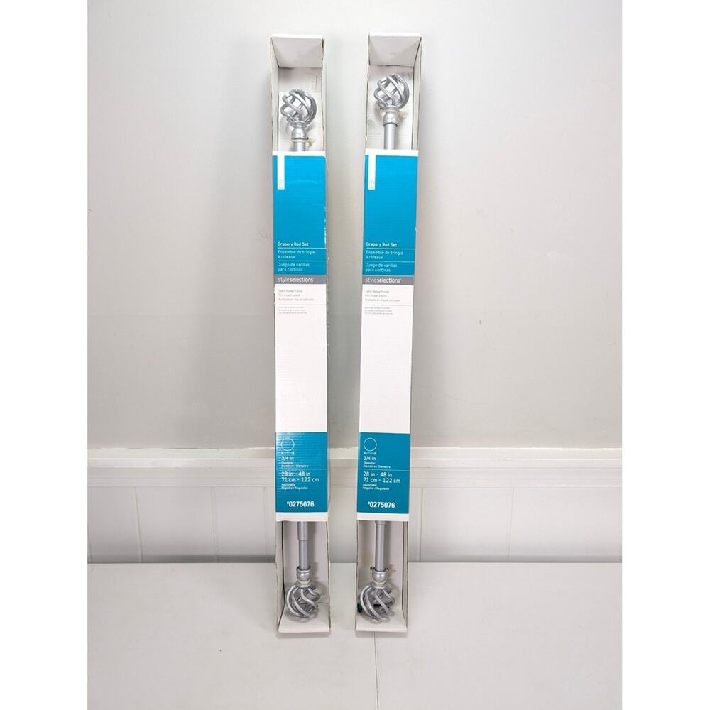 Set of 2 Style Selections Curtain Rods 28-48in Silver Satin Nickel Cage Finials